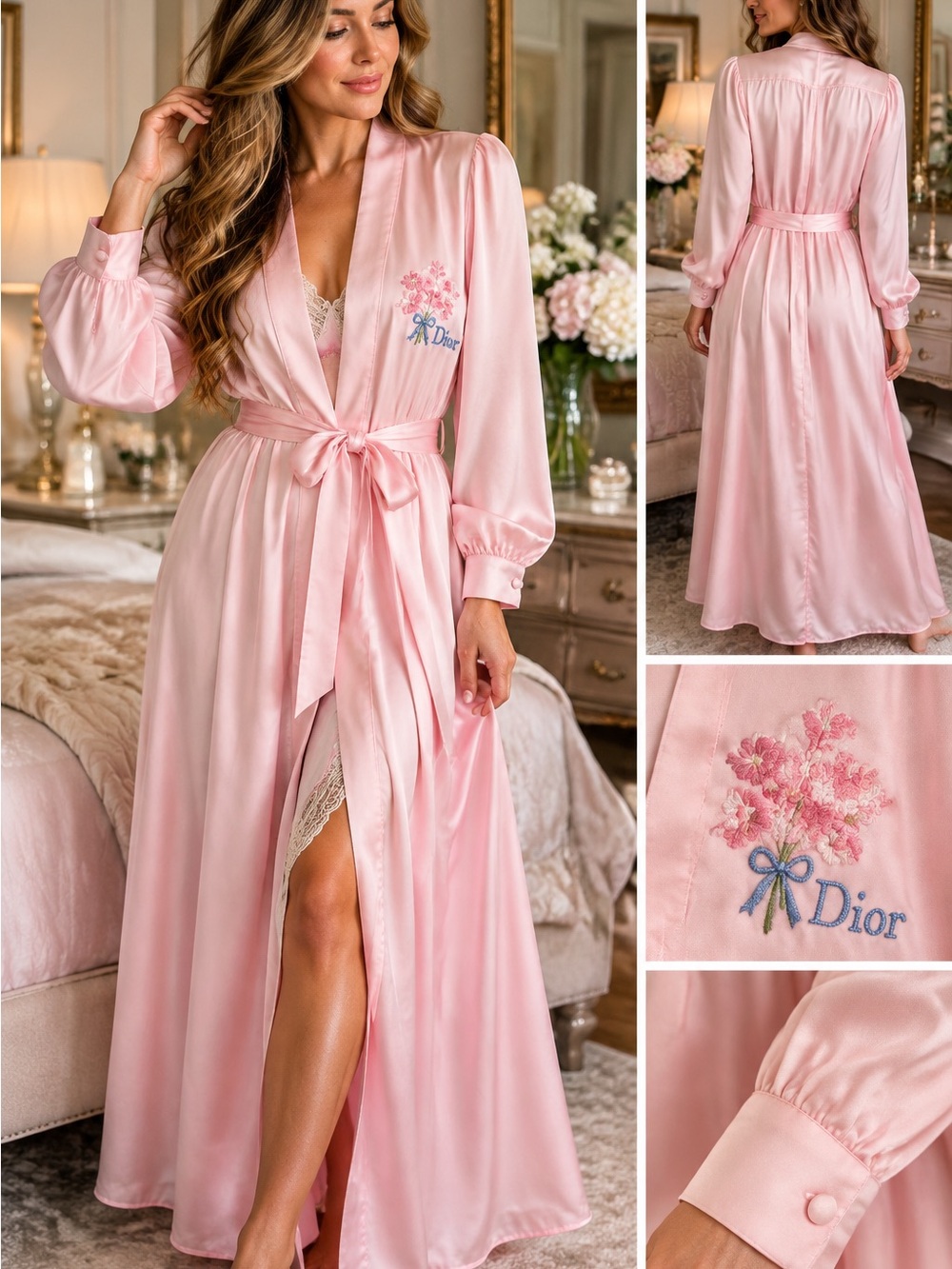 Vintage Christian Dior Lounge Wear Pink Robe Embroidered Floral Crest Paris NY L